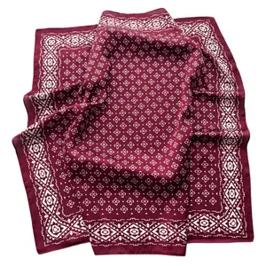 Vintage burgundy silk-like square scarf with geometric diamond patterns and smooth satin sheen