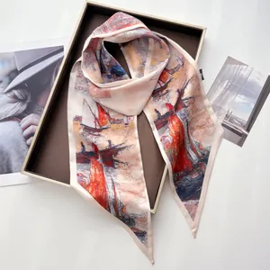 Detail of oil painting style satin scarf with red boat print in premium gift box