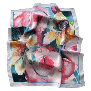 Elegant satin square silk scarf featuring artistic oil painting floral print and blue borders