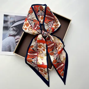 Elegant Satin Printed Narrow Scarf For Women Vintage Equestrian Floral Pattern Multifunctional Bag Handle Wrap Hair Band Neck Scarf