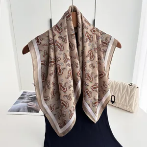 Vintage Paisley Print Satin Square Scarf For Women Retro Geometric Border Faux Silk Neck Head Scarf Versatile Shawl Wrap
