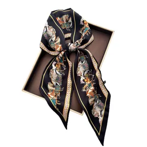 Elegant black silk twilly scarf featuring colorful equestrian horse print for hair and bags