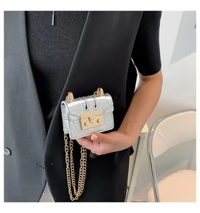 Macro detail of silver crocodile pattern mini bag with gold buckle and chain
