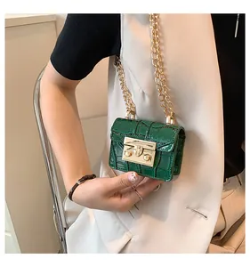 Close-up of green crocodile texture mini shoulder bag with gold metal lock and chain