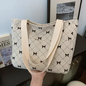 Women Corduroy Tote Bag Large Capacity Strawberry Cherry Bowknot Print Shoulder Bag Leisure Daily Handbag For Ladies