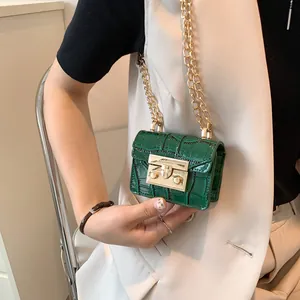 Mini green crocodile pattern shoulder bag with gold chain strap and metal lock clasp