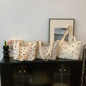 Corduroy tote bags with strawberry, cherry and bow prints for women in autumn style