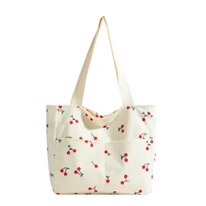 Large capacity corduroy tote bag with red cherry print and wide shoulder straps