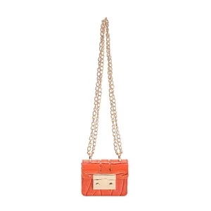 Mini orange crocodile pattern square crossbody bag with gold chain and square metal lock