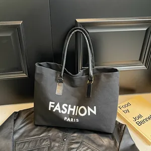 Bolso Tote de Lona de Gran Capacidad para Mujer Estampado de Letras Fashion Paris Bolso de Hombro con Asas de Cuero Sintético
