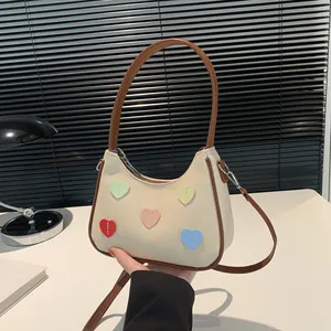 Borsa da Sottobraccio in Tela alla Moda da Donna con Motivo a Cuore Colorato Borsa a Tracolla con Finiture in Pelle PU Piccola
