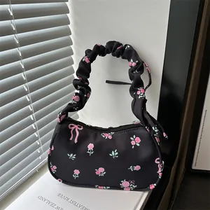 Dames Zoete Bloemenprint Canvas Onderarmtas Geplooide Strik Schoudertas Casual Mode Roos Tote Handtas Dagelijkse Tas
