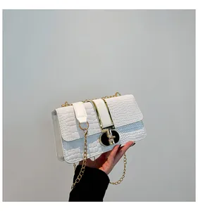 Close-up of white crocodile pattern texture and golden metal buckle on a small square bag