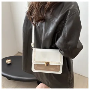 Detail of French style contrast stitching crossbody bag with golden square lock closure