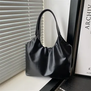 Women's Pleated PU Leather Tote Bag Cloud Underarm Shoulder Bag Minimalist Large Capacity Commuter Handbag Solid Color