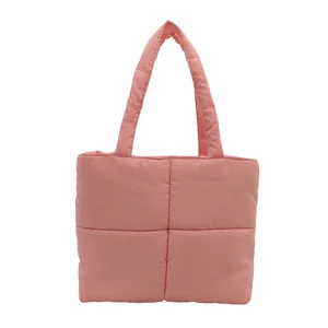 Pink quilted nylon tote bag with large capacity and soft puffer square texture design