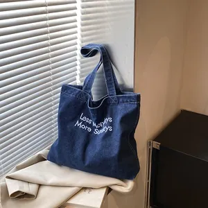 Women Denim Tote Bag Large Capacity Embroidered Letter Shoulder Bag Retro Versatile Simple Canvas Handbag For School Daily