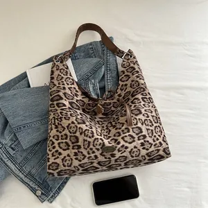 Leopard print large capacity tote bag with leather straps and bow detail for women
