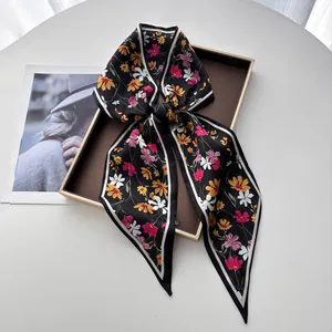 Foulard Élégant en Satin Imprimé Floral pour Femmes Noir Long et Fin Twilly pour Cou Cheveux Sac Accessoire Mode Décontracté