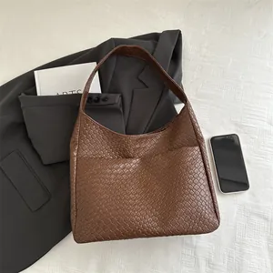 Brown woven hobo bag with intrecciato pattern and large capacity for women