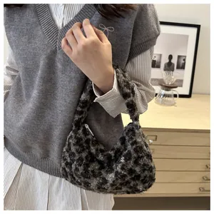 Detail of plush leopard print faux fur handbag with silver zipper and soft texture