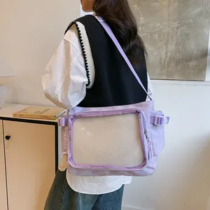 Light purple nylon tote bag with large transparent window and adjustable crossbody strap