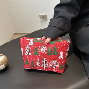 Trousse À Maquillage En Toile Rouge Avec Imprimés De Noël Flocon De Neige Sapin Pochette Pour Femmes Voyage Organisateur