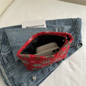 Pochette de Noël rouge à motifs de flocons avec fermeture éclair pour maquillage