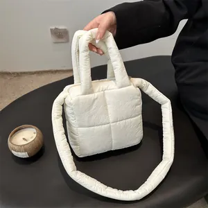 Women Fashion Quilted Padded Tote Bag Nylon Down Puffy Shoulder Bag Casual Solid Color Handbag For Autumn Winter Daily
