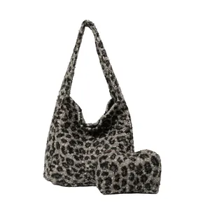 Grey leopard print plush tote bag set with matching pouch in soft faux fur material