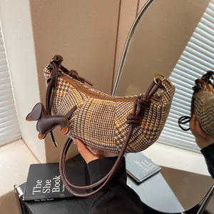 Vintage Damen Croissant Tasche Wolle Hahnentritt Leopard Muster Dumpling Bag Mit Dackel Anhänger Knoten Gurt Schultertasche