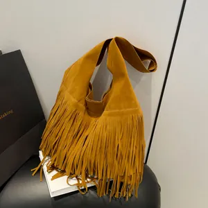 Bohemian Faux Suede Fringe Tote Bag Large Capacity Tassel Shoulder Bag Solid Color Urban Minimalist Handbag for Women