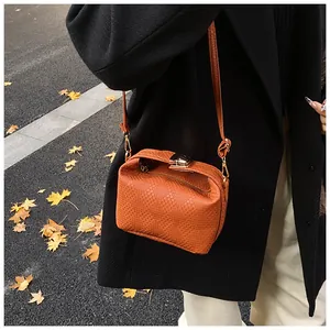 Vue détaillée d'un sac à bandoulière marron à texture tressée et fermoir doré en extérieur