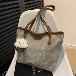 Large Capacity Women Tote Bag Marble Pattern PU Leather Contrast Shoulder Bag Minimalist Commute Work Handbag With Charm