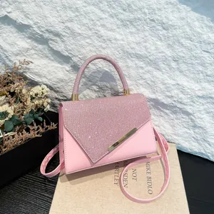 Pink luxury small square handbag with sparkling rhinestone flap and golden metal trim