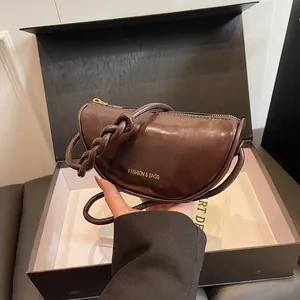 Women Fashion PU Leather Half Moon Crossbody Bag Vintage Letter Print Croissant Shoulder Bag With Woven Knot Strap Zipper