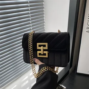 Women Velvet Quilted Small Square Bag Vintage Gold Chain Crossbody Shoulder Bag With Geometric Metal Lock For Commuting Casual