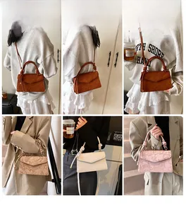 Detailed views of embossed floral small square bags in brown, beige, white, and pink options