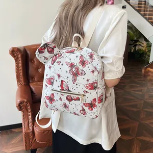 Women Fashion Butterfly Print Backpack With Round Ears PU Leather Mini Travel Bag For Girls Casual Shoulder Bag