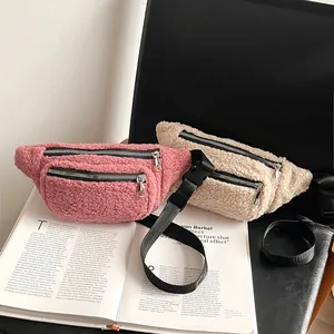 Fleece waist bag for women in pink and cream colors with adjustable straps
