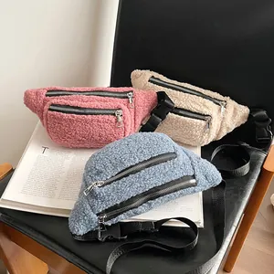 Plush lamb wool fanny pack for women in pink, white and blue colors with double zippers