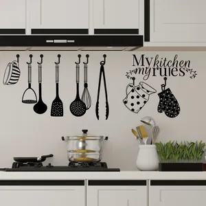 Kitchen wall decals featuring utensils and My Kitchen My Rules text on a white wall