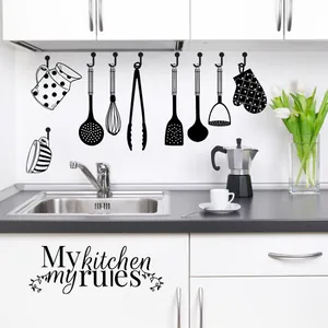 Creative black PVC kitchen wall stickers featuring utensils and My Kitchen My Rules slogan