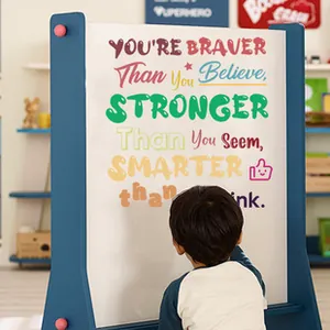 Close-up of colorful inspirational quotes wall decals on a whiteboard in a child room