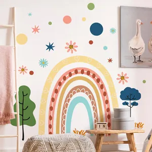 Detailed view of rainbow and star wall stickers in a cozy Morandi colored nursery