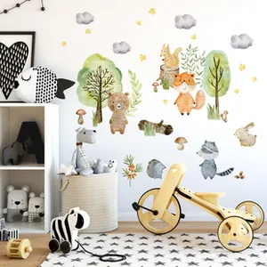 Nursery room wall decor featuring watercolor forest animal stickers like fox and bear