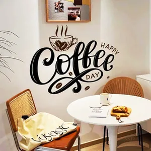Detail of HAPPY Coffee DAY wall sticker with creative cup and bean motifs in dark brown
