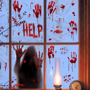 Halloween bloody handprint window clings with blood splatters and HELP sign stickers