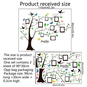 Detail of DIY tree photo frame wall sticker with leaves and birds for family decor
