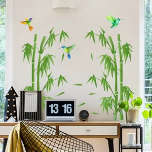 Pegatinas de Pared de Estilo Chino Hojas de Bambú Verde Colibrí Colorido de PVC para Sala de Estar Dormitorio Decoración